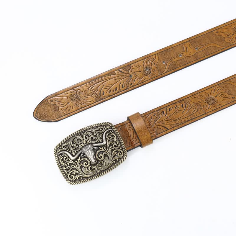 Men's Bronze Bull Pattern Floral Engraved Leather Belt