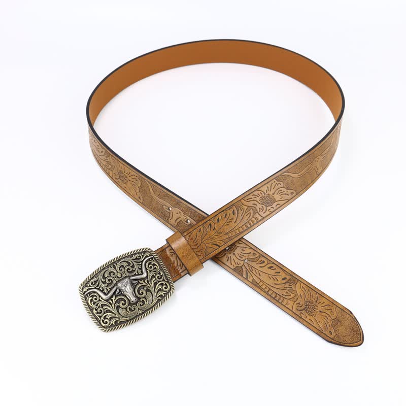 Men's Bronze Bull Pattern Floral Engraved Leather Belt