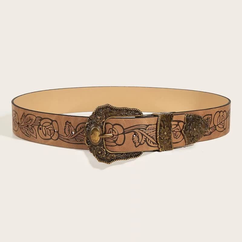 Women's Antique Gold Floral Rose Pattern Leather Belt