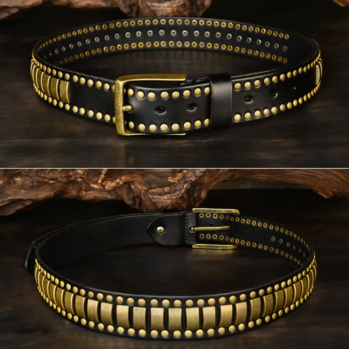 Men's Antique Gold Round Square Rivets Leather Belt