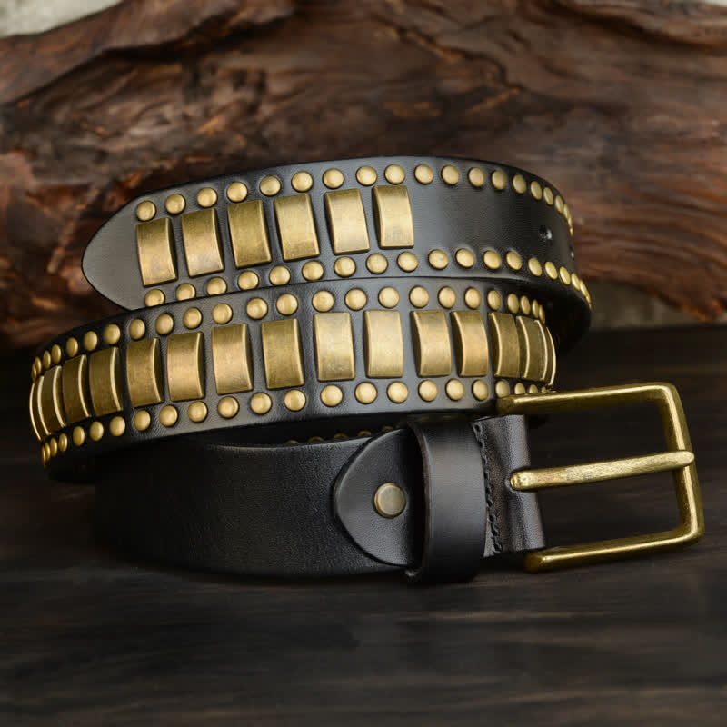 Men's Antique Gold Round Square Rivets Leather Belt