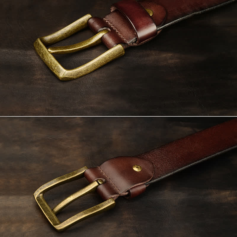 Men's Antique Gold Round Square Rivets Leather Belt