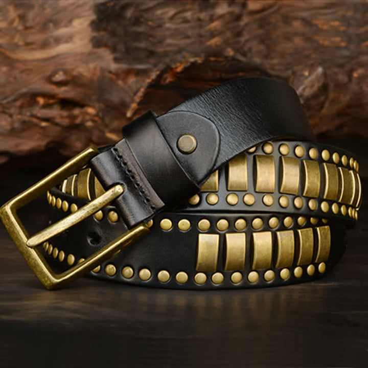 Men's Antique Gold Round Square Rivets Leather Belt