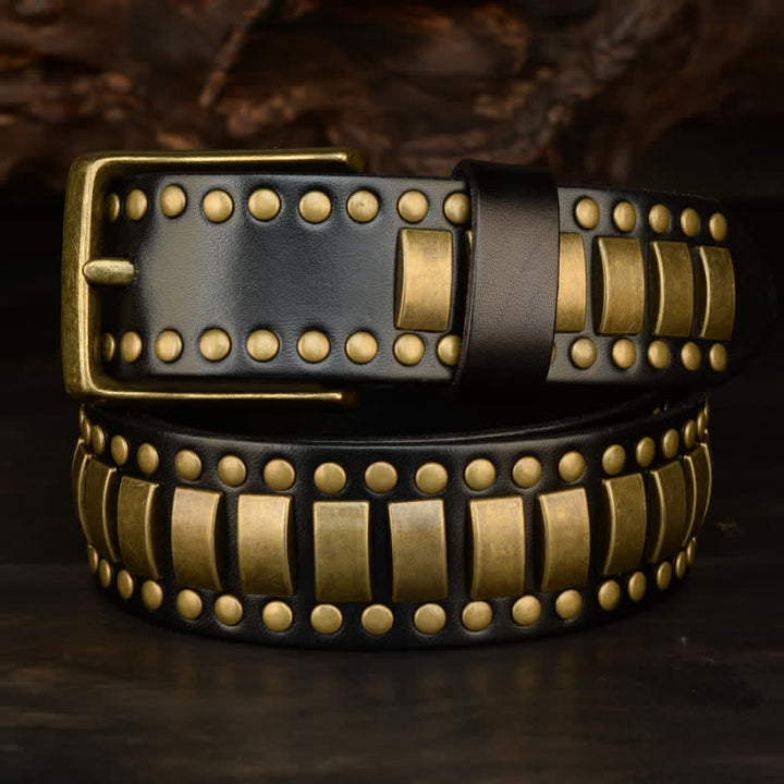 Men's Antique Gold Round Square Rivets Leather Belt