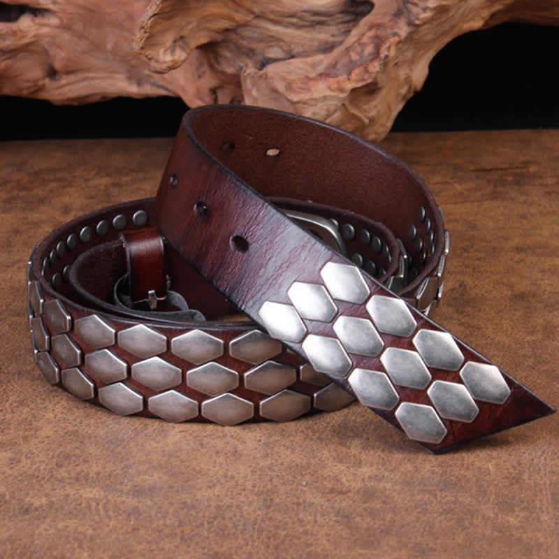 Men's Punk Fish Scale Flakes Rivets Leather Belt