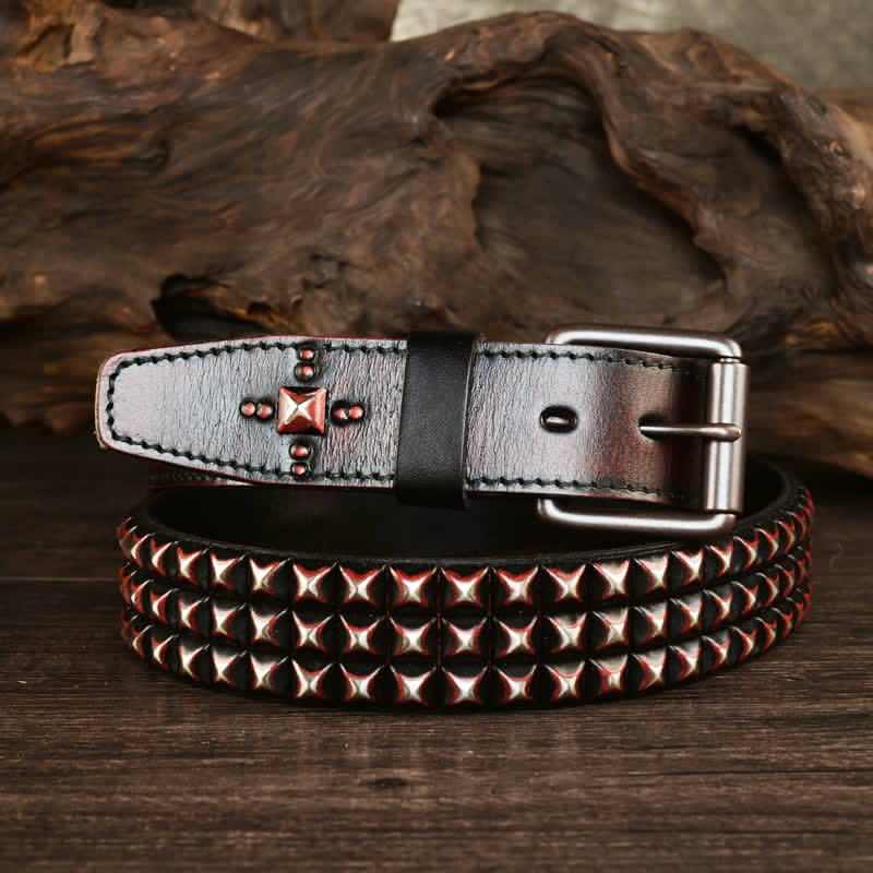 Men's Three Row Classic Pyramid Rivets Leather Belt