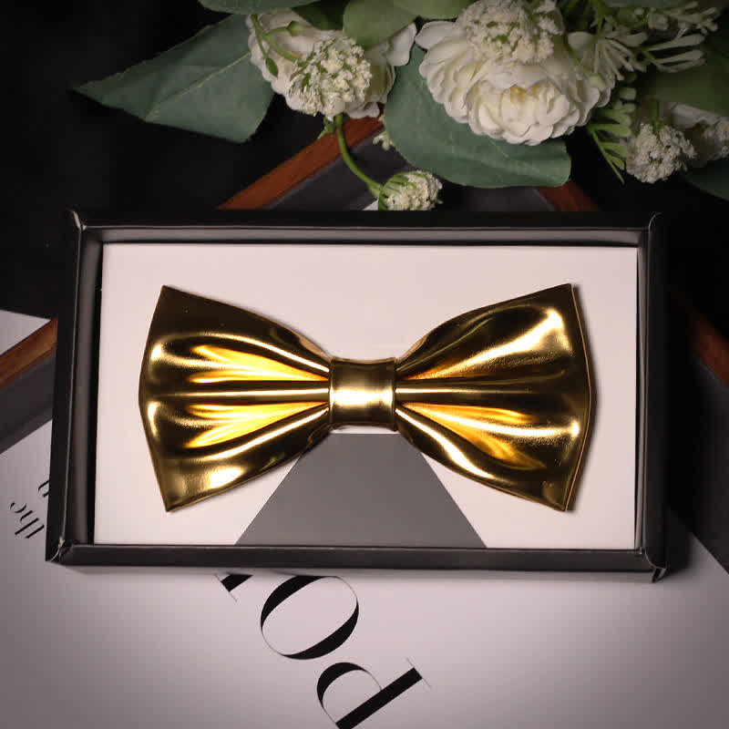 Men's Shining Modern Metallic Gold Leather Bow Tie