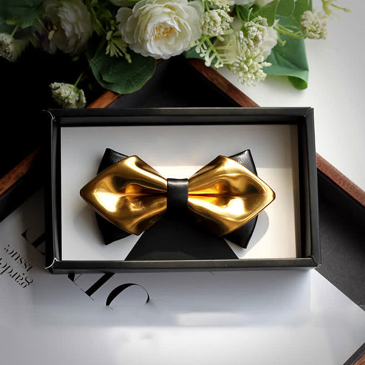 Men's Gold & Black Double Layers Leather Bow Tie