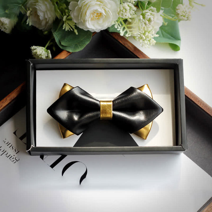 Men's Gold & Black Double Layers Leather Bow Tie