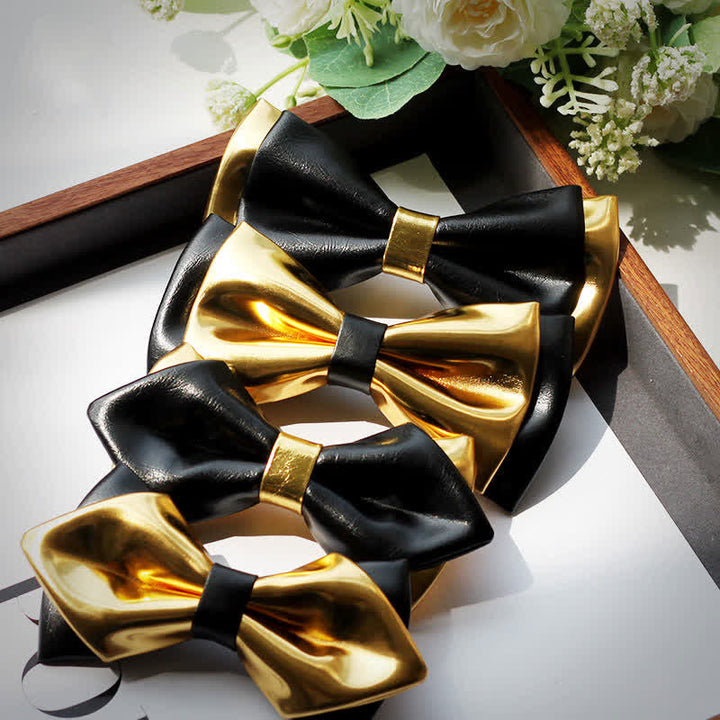 Men's Gold & Black Double Layers Leather Bow Tie