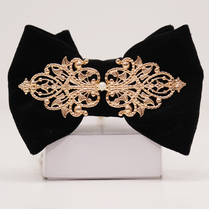 Men's Black Velvet Metallic Decor Oversized Pointed Bow Tie