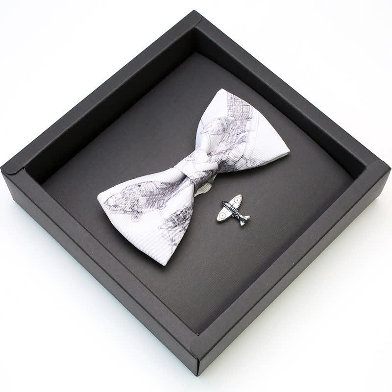 2Pcs Men's White Aviation Plane Brooch Bow Tie Set