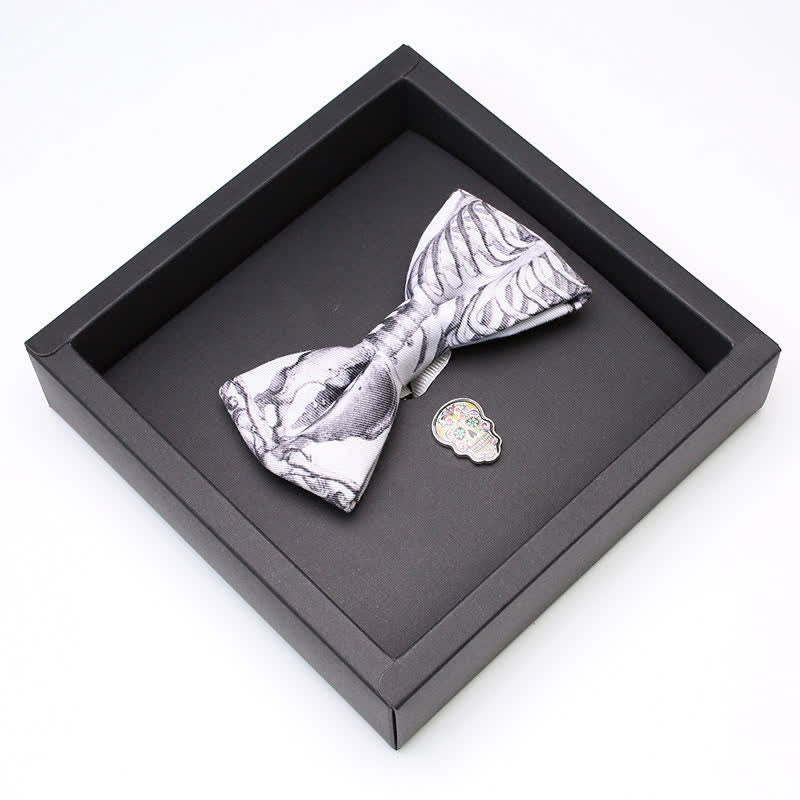 2Pcs Men's Gray Skeleton Skull Head Brooch Bow Tie Set