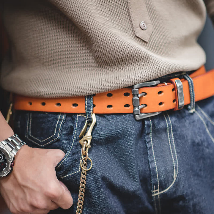 Men's Cowhide Tanned Double-Pin Buckle Leather Belt