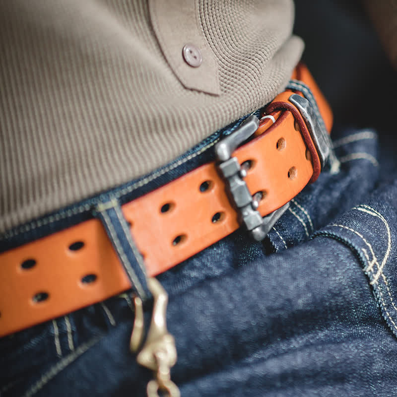 Men's Cowhide Tanned Double-Pin Buckle Leather Belt