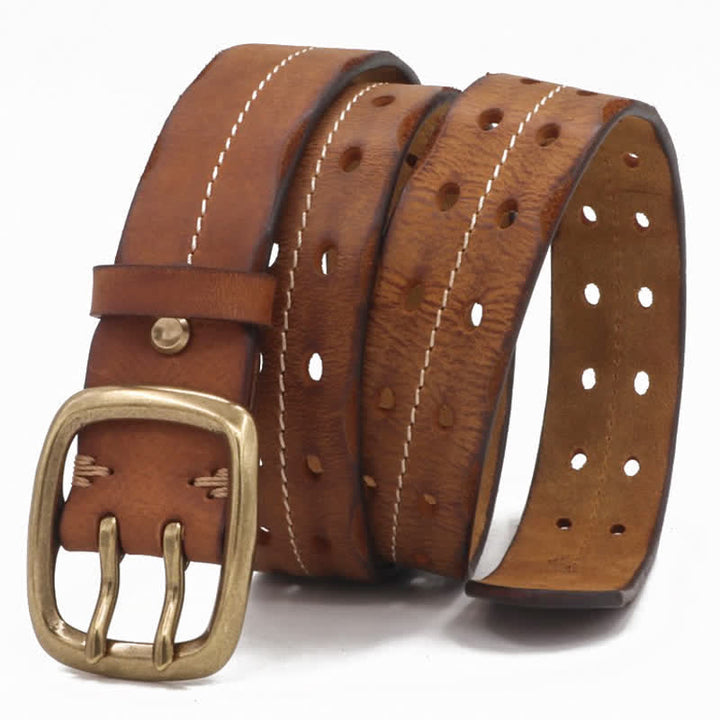 Men's Double Holes Brass Buckle Leather Belt