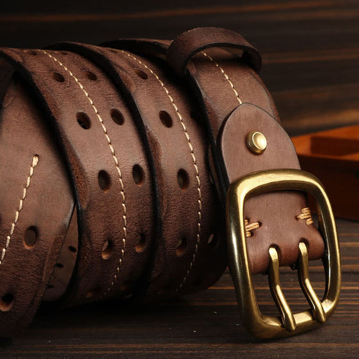 Men's Double Holes Brass Buckle Leather Belt