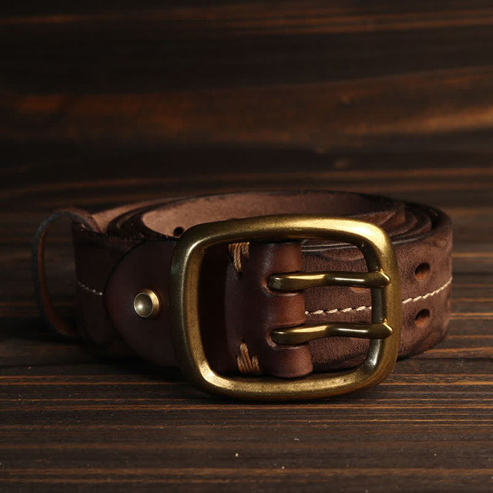 Men's Double Holes Brass Buckle Leather Belt