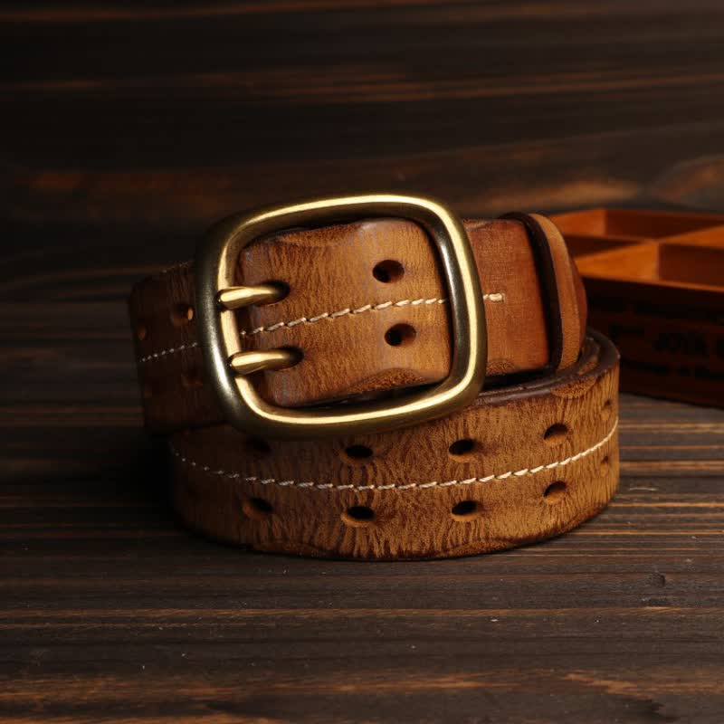 Men's Double Holes Brass Buckle Leather Belt