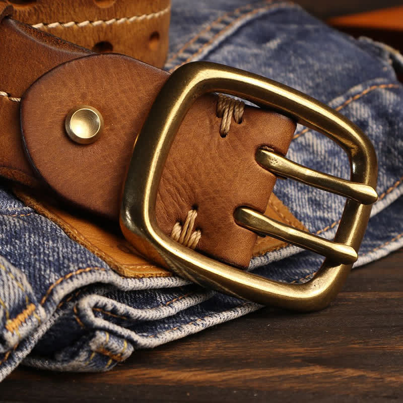 Men's Double Holes Brass Buckle Leather Belt