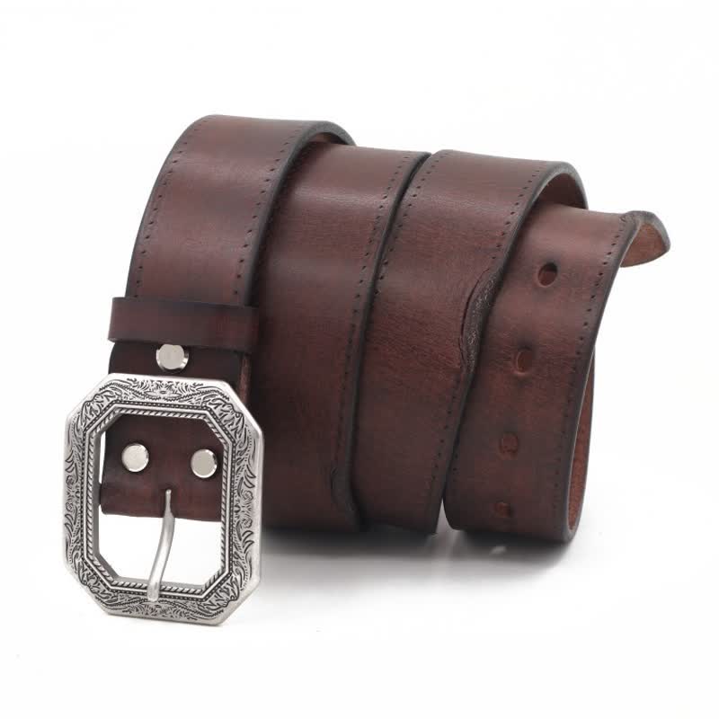 Men's Square Floral Engraved Buckle Distressed Leather Belt