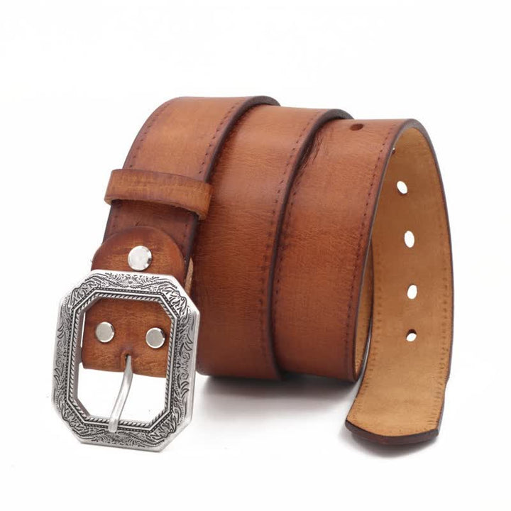 Men's Square Floral Engraved Buckle Distressed Leather Belt