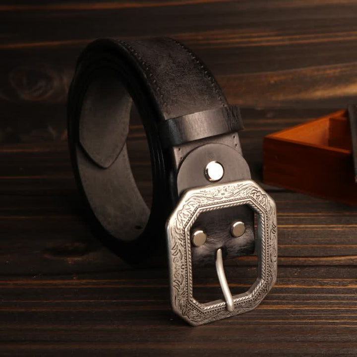 Men's Square Floral Engraved Buckle Distressed Leather Belt