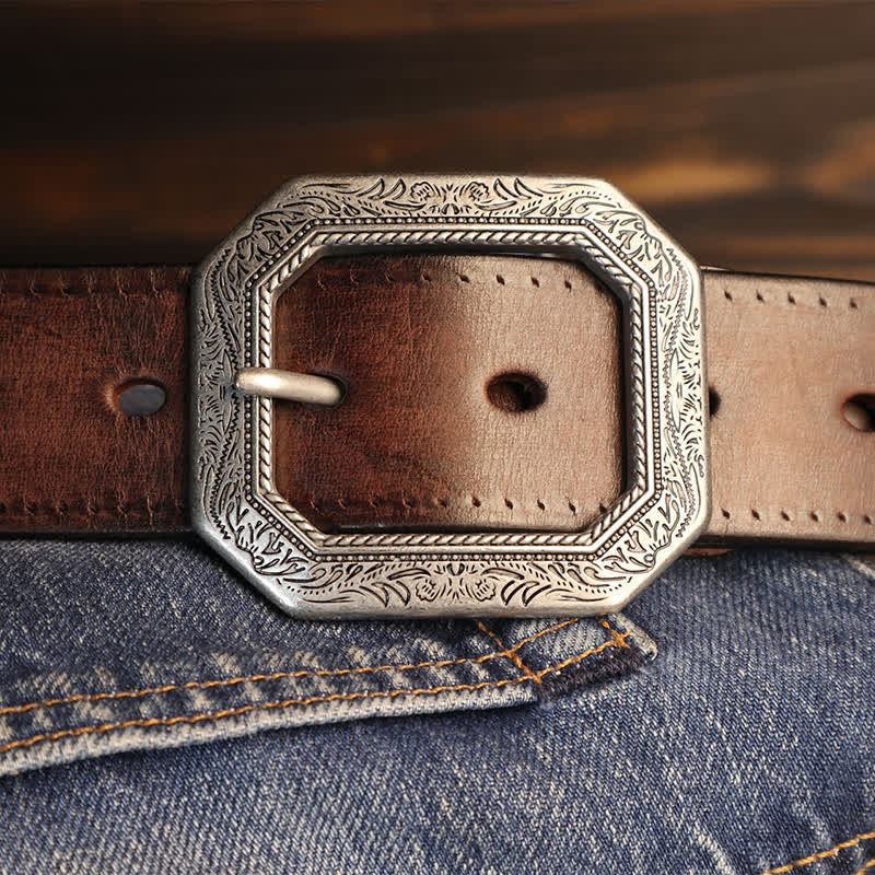 Men's Square Floral Engraved Buckle Distressed Leather Belt