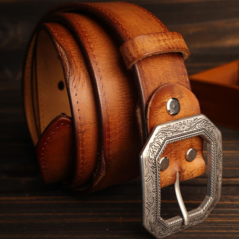 Men's Square Floral Engraved Buckle Distressed Leather Belt