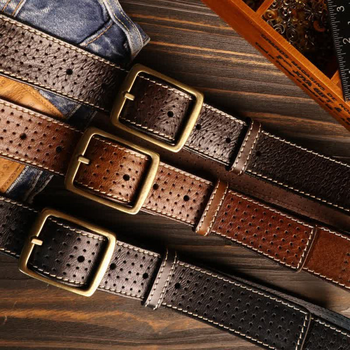 Men's British Style Hand-Stitched Perforated Leather Belt