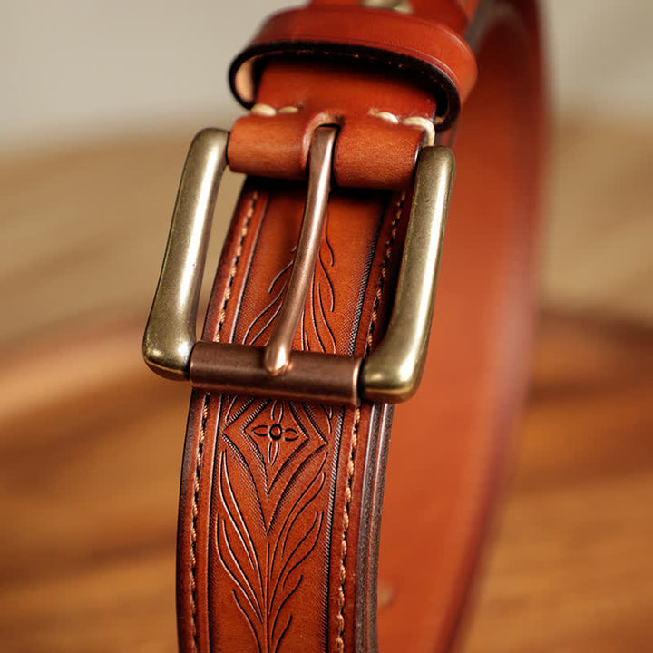 Men's Embossed Flower Leaves Engraved Leather Belt