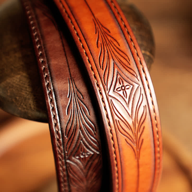 Men's Embossed Flower Leaves Engraved Leather Belt