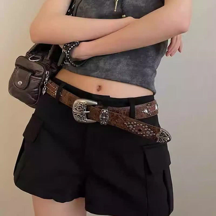 Women's Brown Arrow Shape Rivets Studded Leather Belt