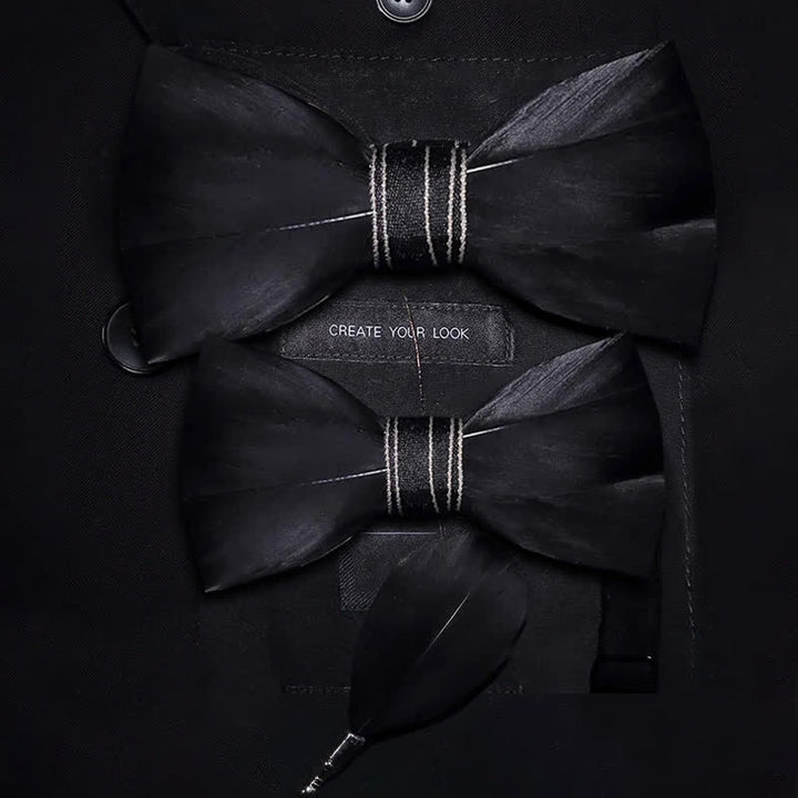 Black Noble Feather Bow Tie with Lapel Pin