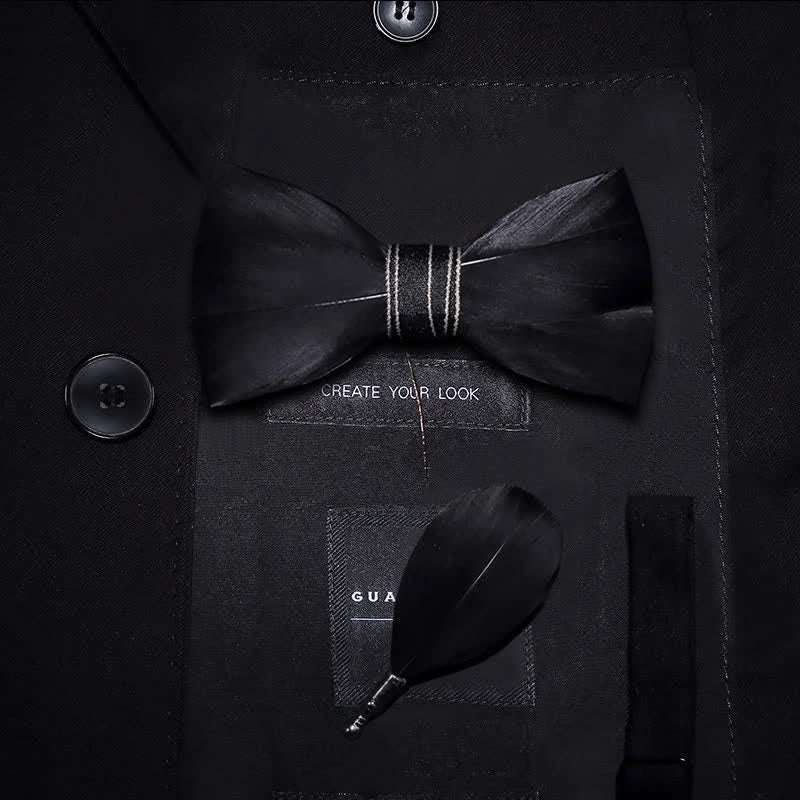 Black Noble Feather Bow Tie with Lapel Pin