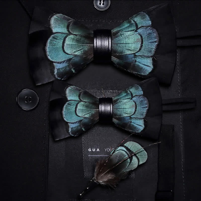 Black & Green Exquisite Feather Bow Tie with Lapel Pin