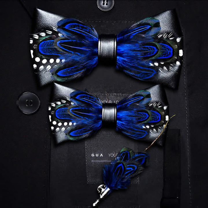 DarkBlue White Dots Lively Feather Bow Tie with Lapel Pin