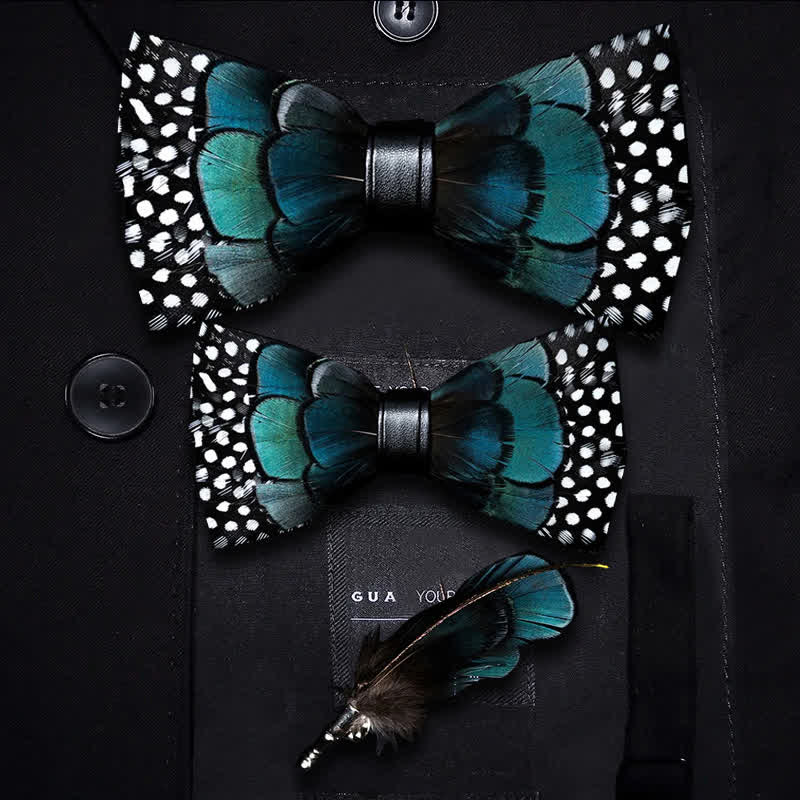 Turquoise & Black Feather Bow Tie with Lapel Pin