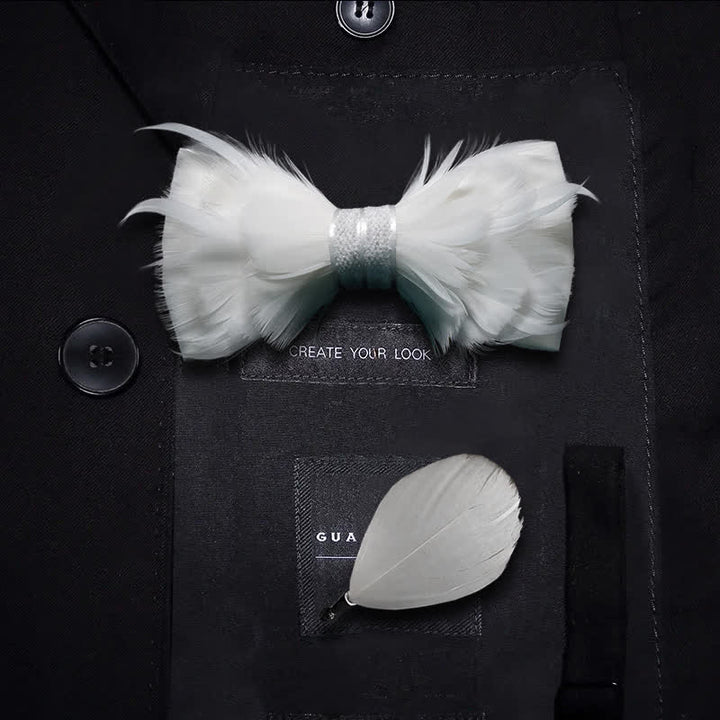 Pure White Prince Feather Bow Tie with Lapel Pin