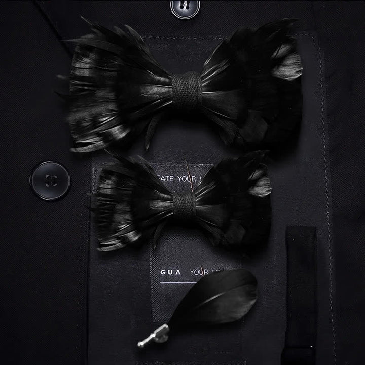 Solid Black Feather Bow Tie with Lapel Pin - Parent-Child Set - image 4