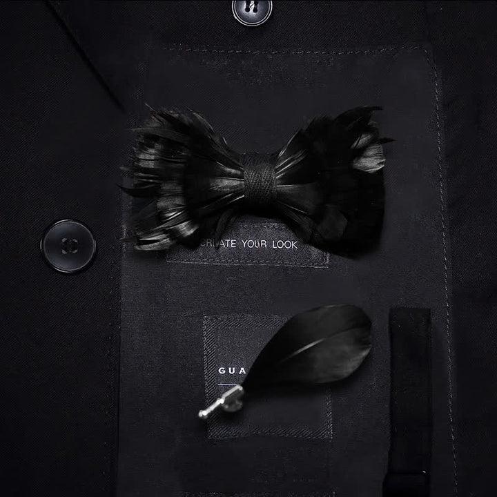 Solid Black Feather Bow Tie with Lapel Pin - Kid - image 3