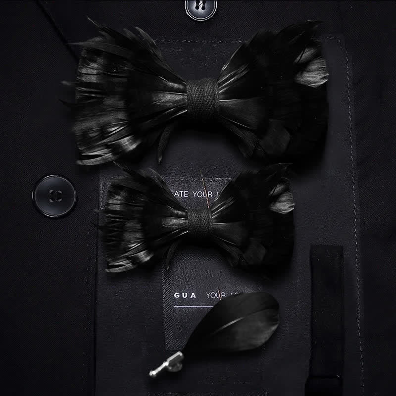 Solid Black Feather Bow Tie with Lapel Pin