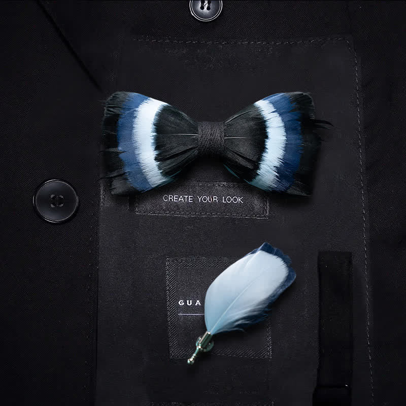 Black & Shade of Blue Feather Bow Tie with Lapel Pin - Kid - image 3