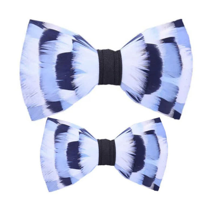 Blue & White Checkerboard Feather Bow Tie with Lapel Pin