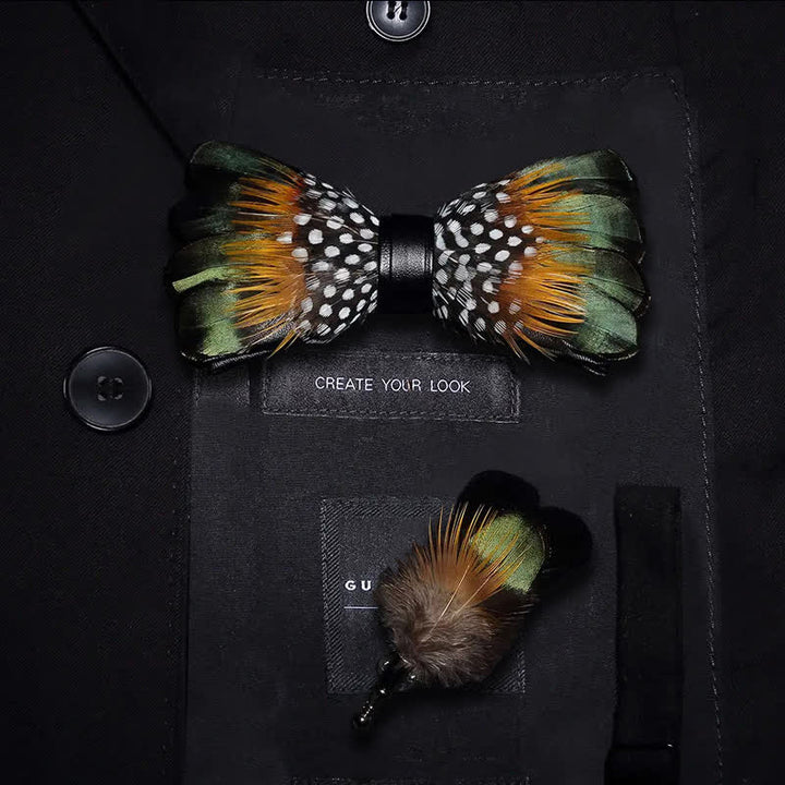 ForestGreen & Orange Vintage Feather Bow Tie with Lapel Pin - Kid - image 5