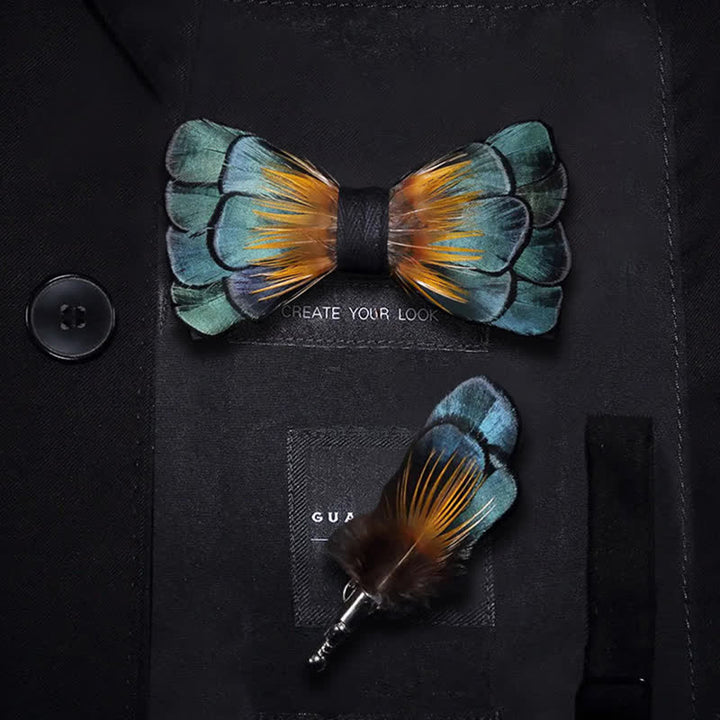 Green & Orange Sunflower Feather Bow Tie with Lapel Pin - Kid - image 5