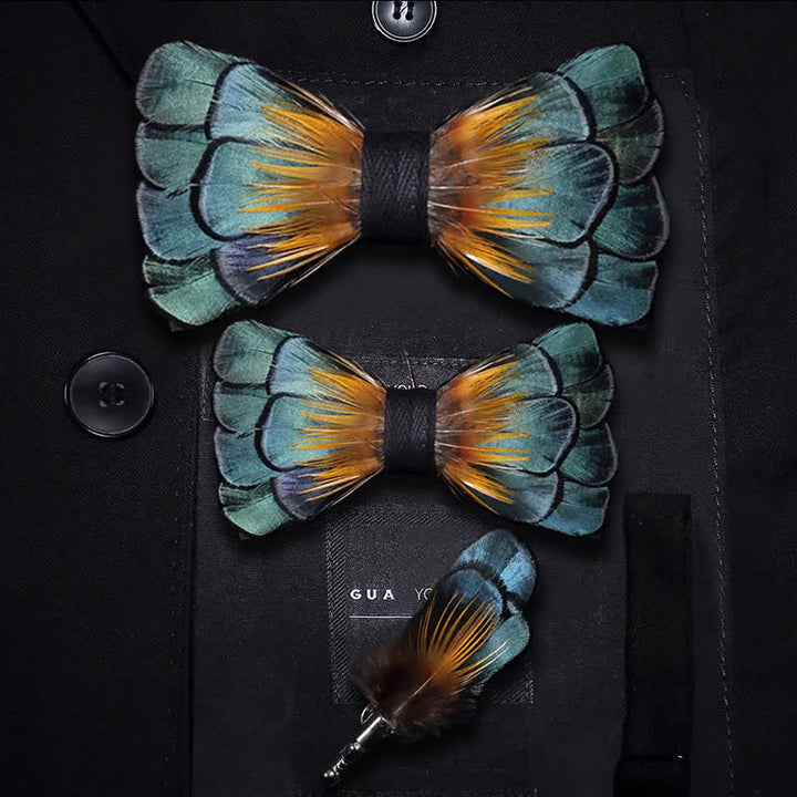 Green & Orange Sunflower Feather Bow Tie with Lapel Pin - Parent-Child Set - image 6