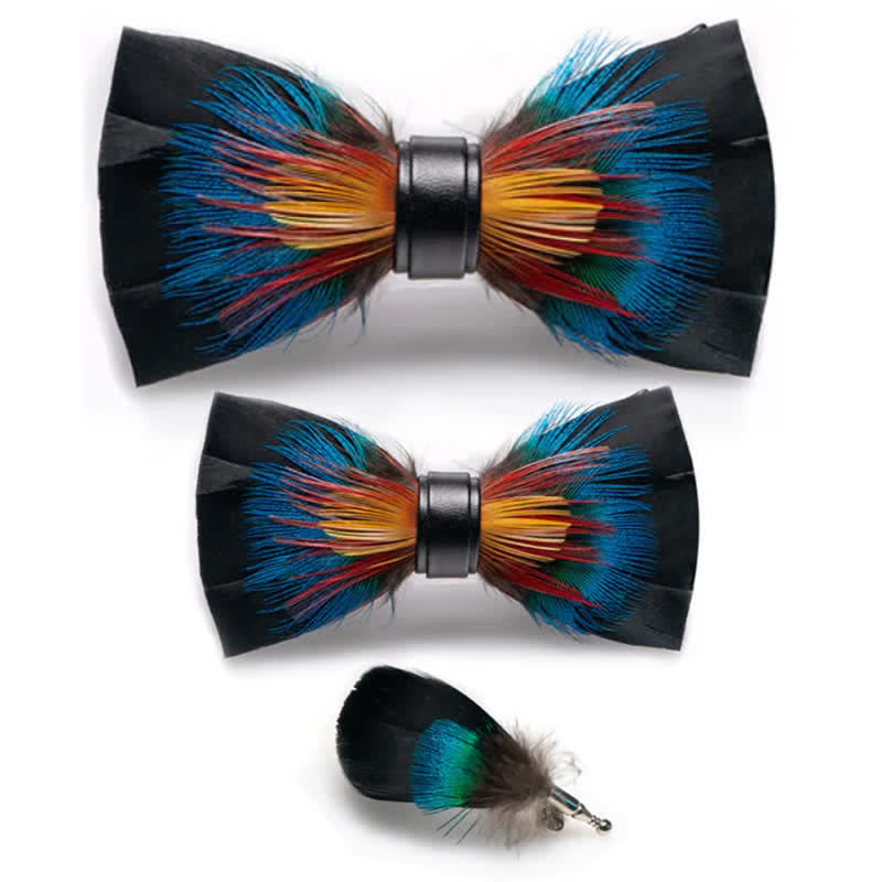 Black & Multicolored Blossom Feather Bow Tie with Lapel Pin