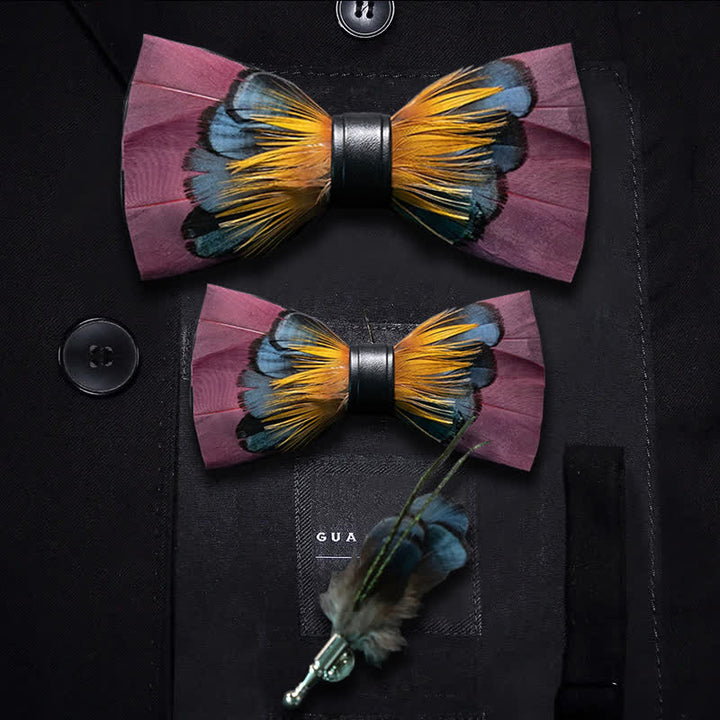 Pink & Orange Symmetrical Feather Bow Tie with Lapel Pin