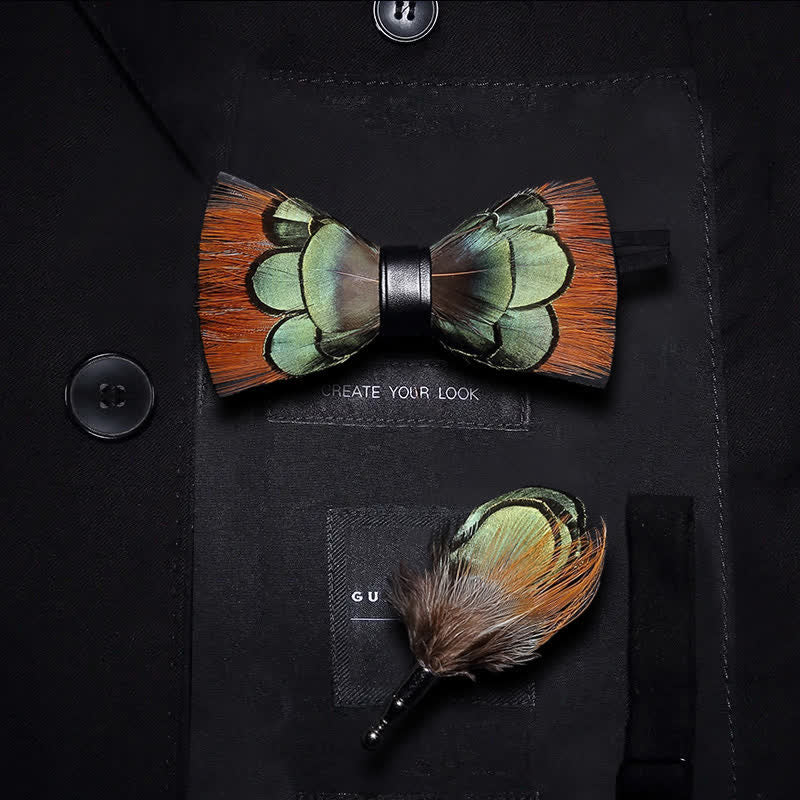 Lightgreen & Brown Feather Bow Tie